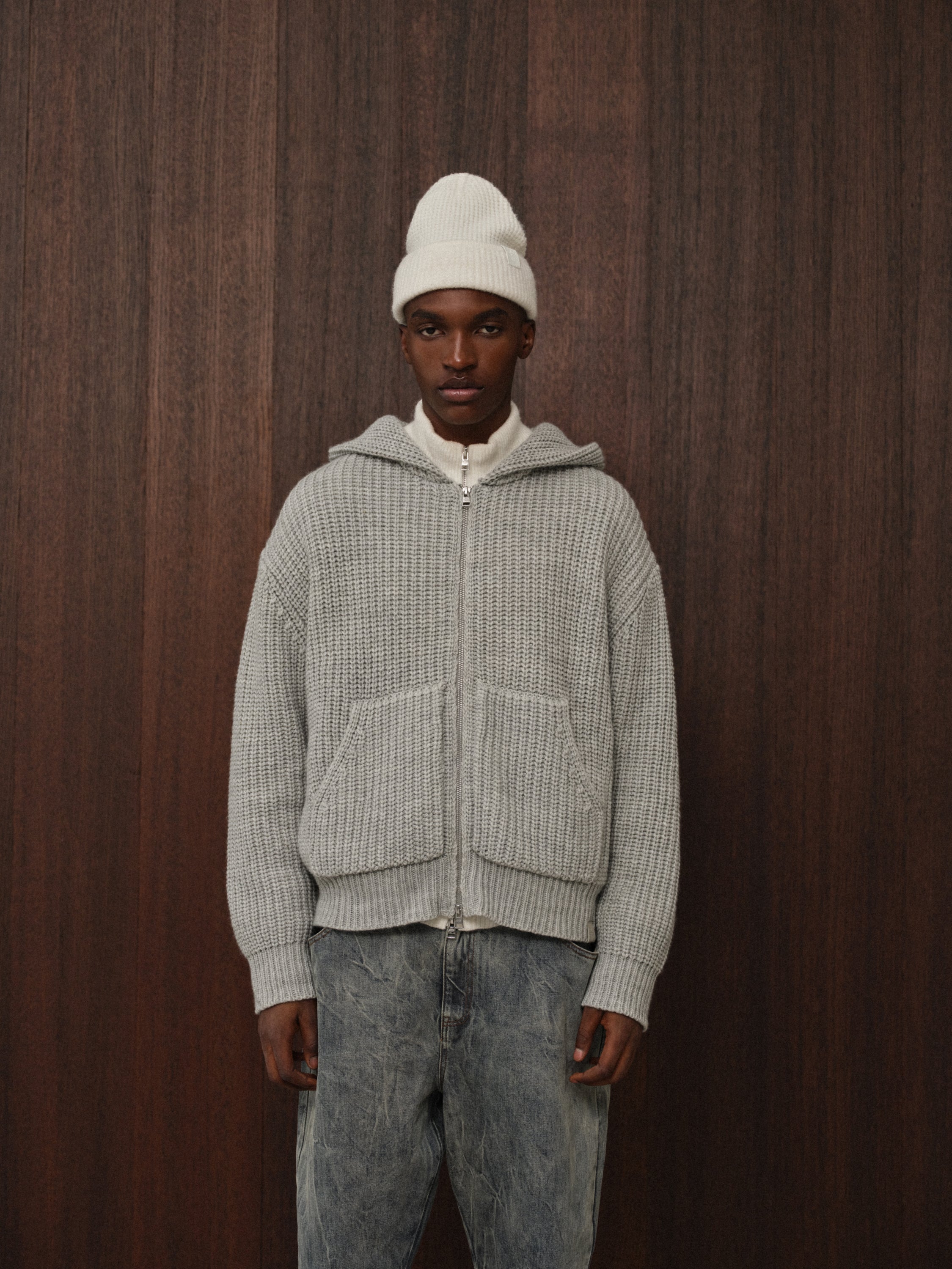 HEAVY RIB KNITTED ZIP THROUGH HOODIE - GREY MARL – The Couture Club