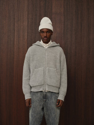 HEAVY RIB KNITTED ZIP THROUGH HOODIE - GREY MARL