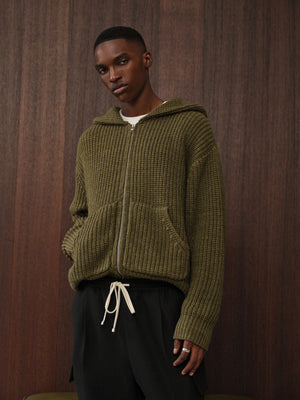 HEAVY RIB KNITTED ZIP THROUGH HOODIE - KHAKI