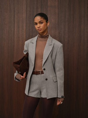 HERRINGBONE CINCHED WAIST TAILORED BLAZER - GREY