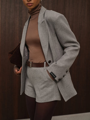 HERRINGBONE TAILORED MINI SHORTS - GREY