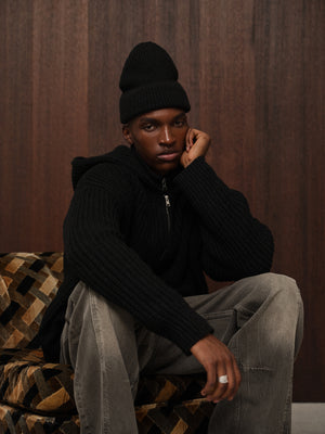 HEAVY RIB KNITTED ZIP THROUGH HOODIE - BLACK