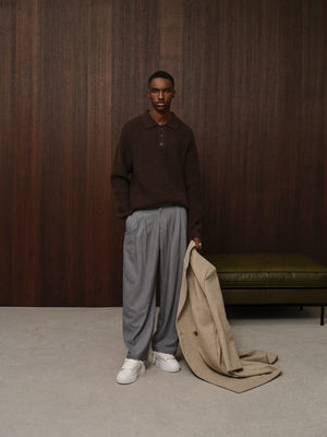 WAFFLE KNIT LONG SLEEVE POLO - BROWN