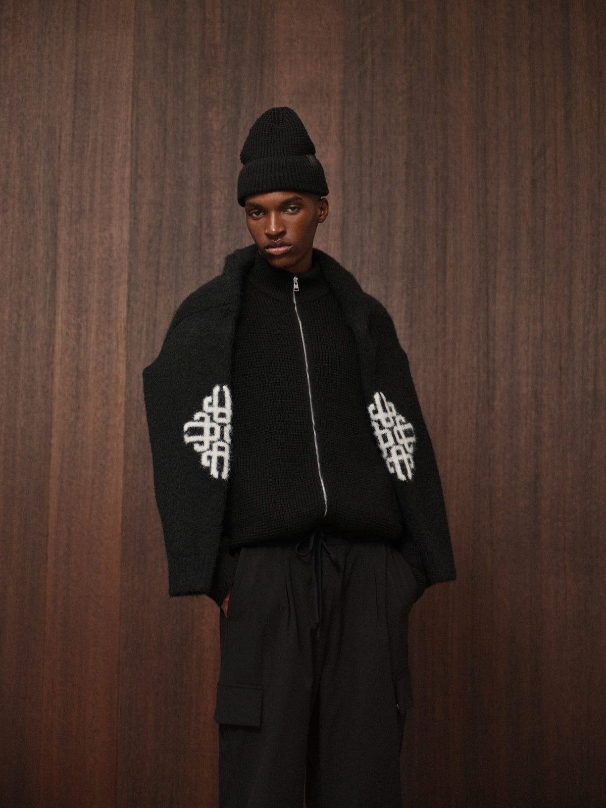 WAFFLE KNIT FUNNEL NECK ZIP THROUGH - BLACK