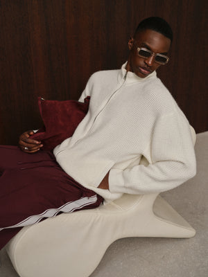 WAFFLE KNIT FUNNEL NECK ZIP THROUGH - WHITE