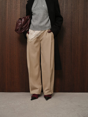 SIDE PLEAT WIDE LEG TAILORED TROUSERS - BEIGE