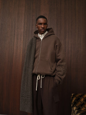 EMBLEM APPLIQUE ZIP THROUGH HOODIE - BROWN