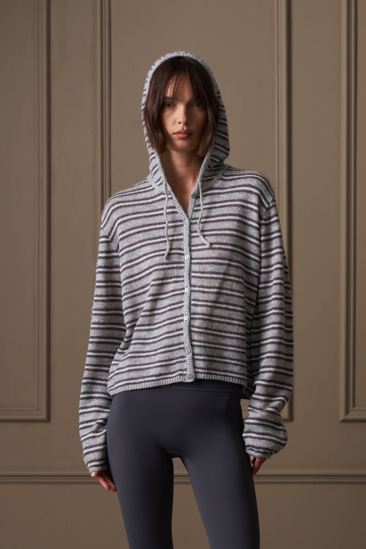 STRIPE LOOSE KNIT HOODED CARDIGAN - GREY