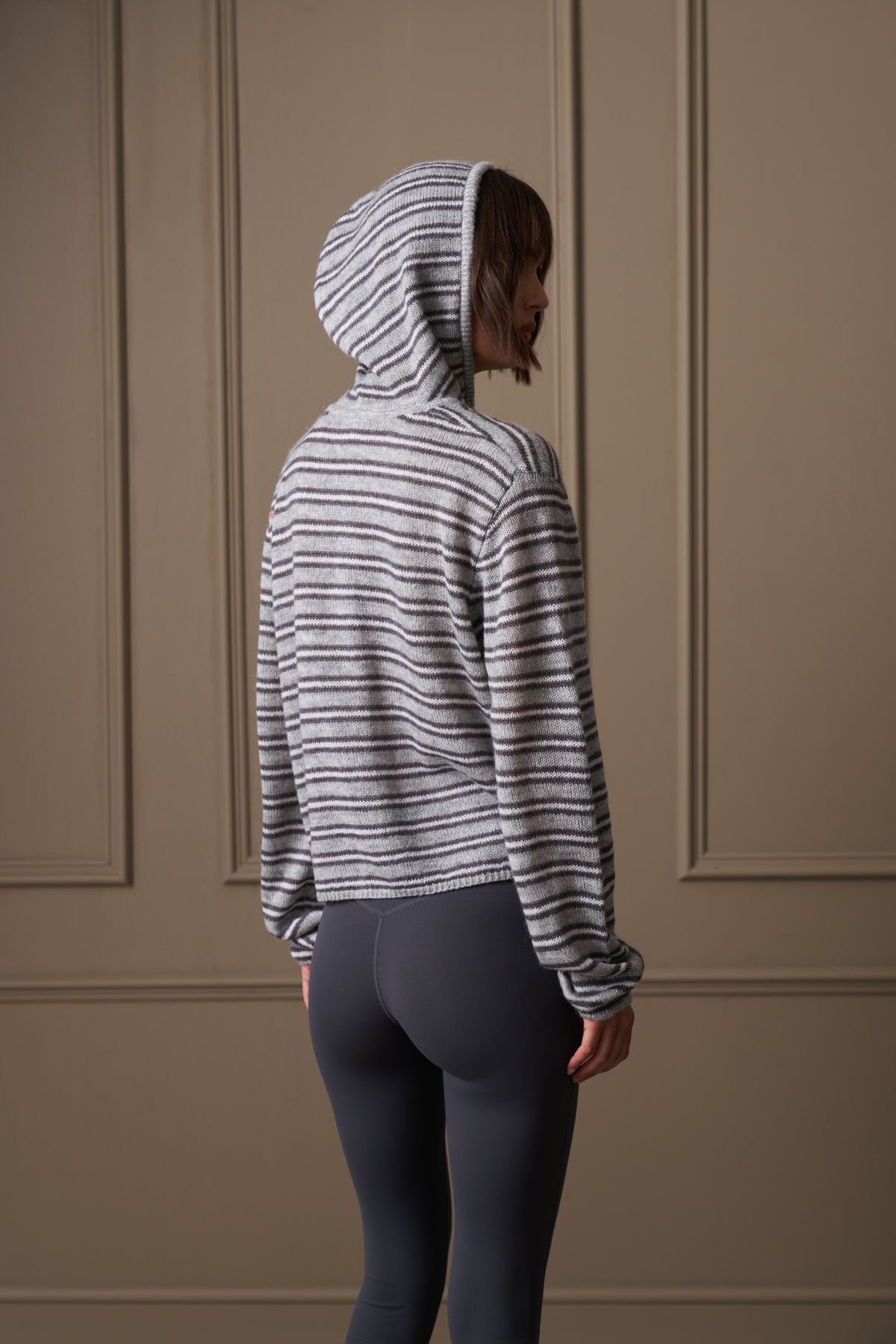 STRIPE LOOSE KNIT HOODED CARDIGAN - GREY