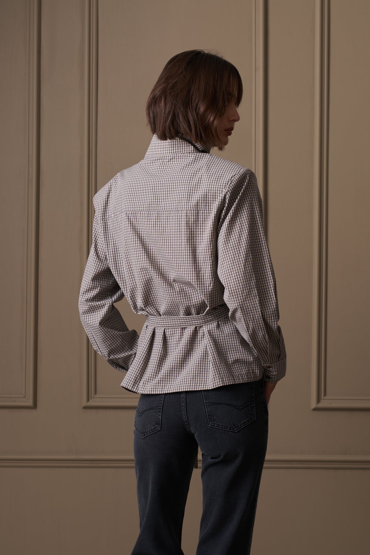 FUNNEL NECK CHECK SHIRT - GREY