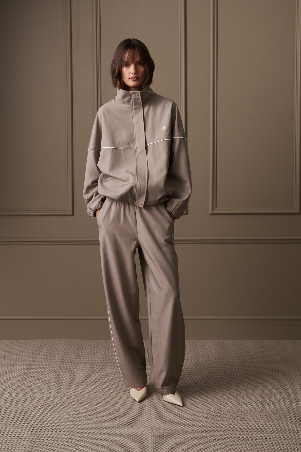 PIPED FUNNEL NECK TRACK JACKET - MUSHROOM