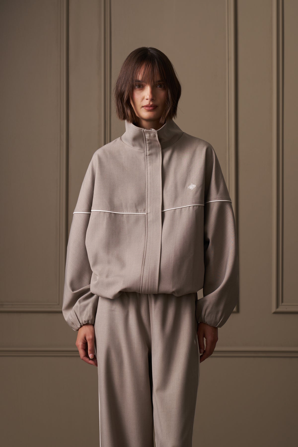 PIPED FUNNEL NECK TRACK JACKET - MUSHROOM