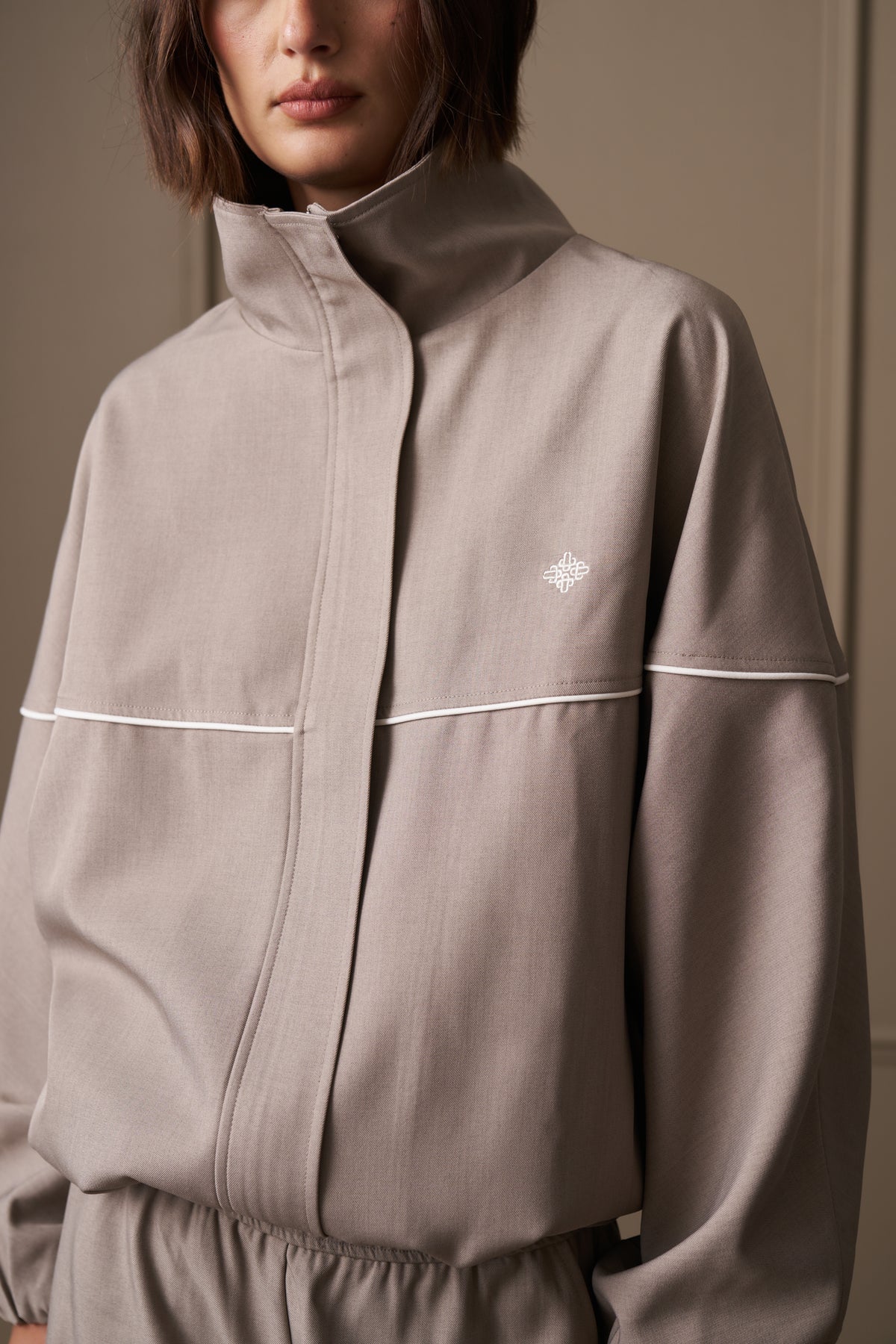 PIPED FUNNEL NECK TRACK JACKET - MUSHROOM