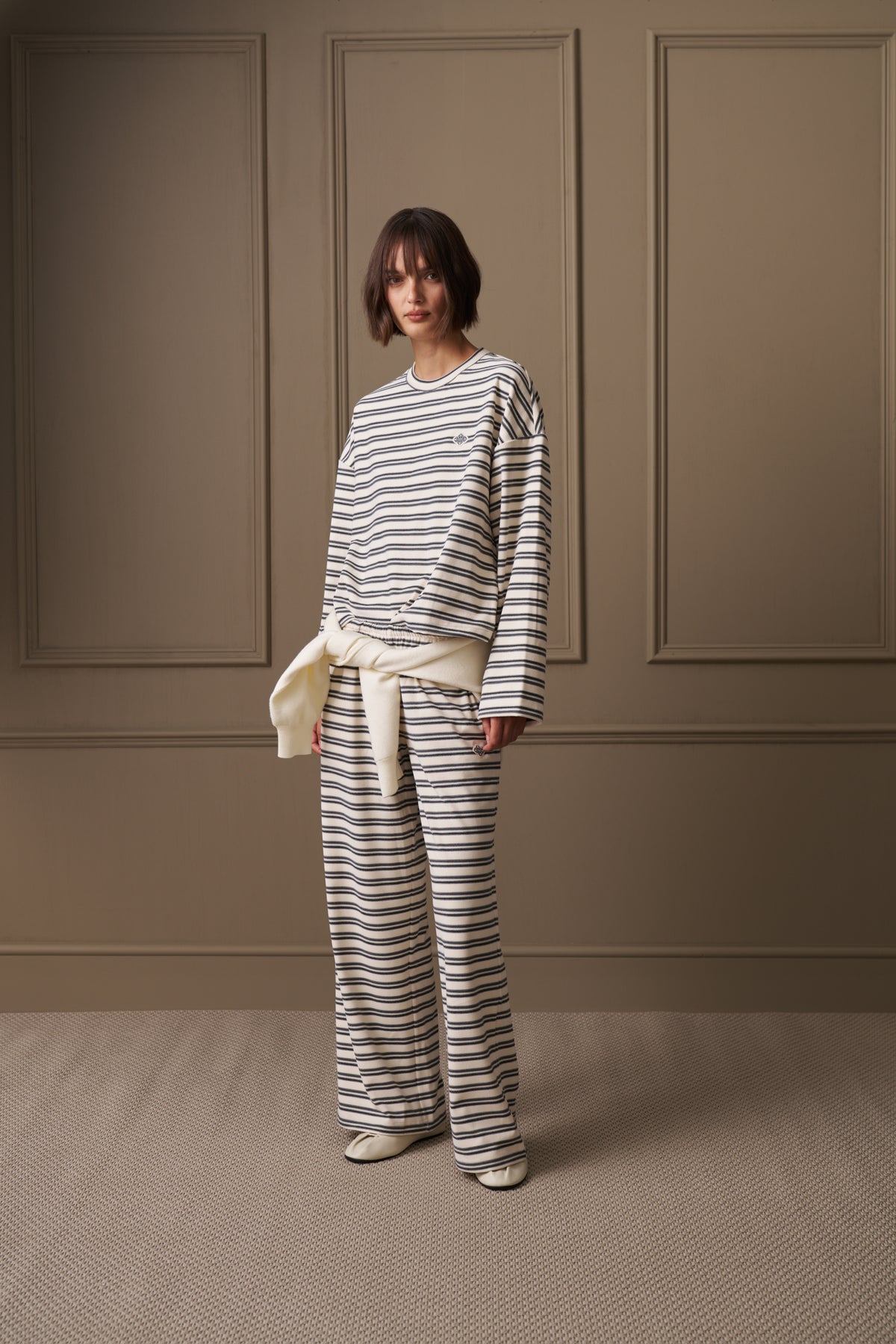 STRIPE FLEECE LONG SLEEVE T-SHIRT - OFF WHITE