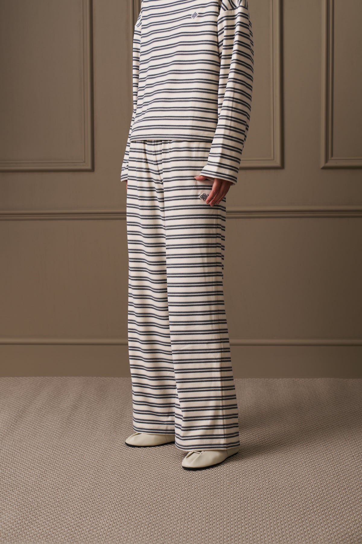 STRIPE FLEECE WIDE LEG TROUSERS - OFF WHITE