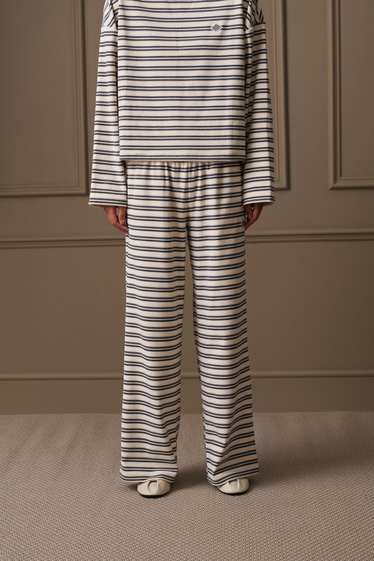 STRIPE FLEECE WIDE LEG TROUSERS - OFF WHITE