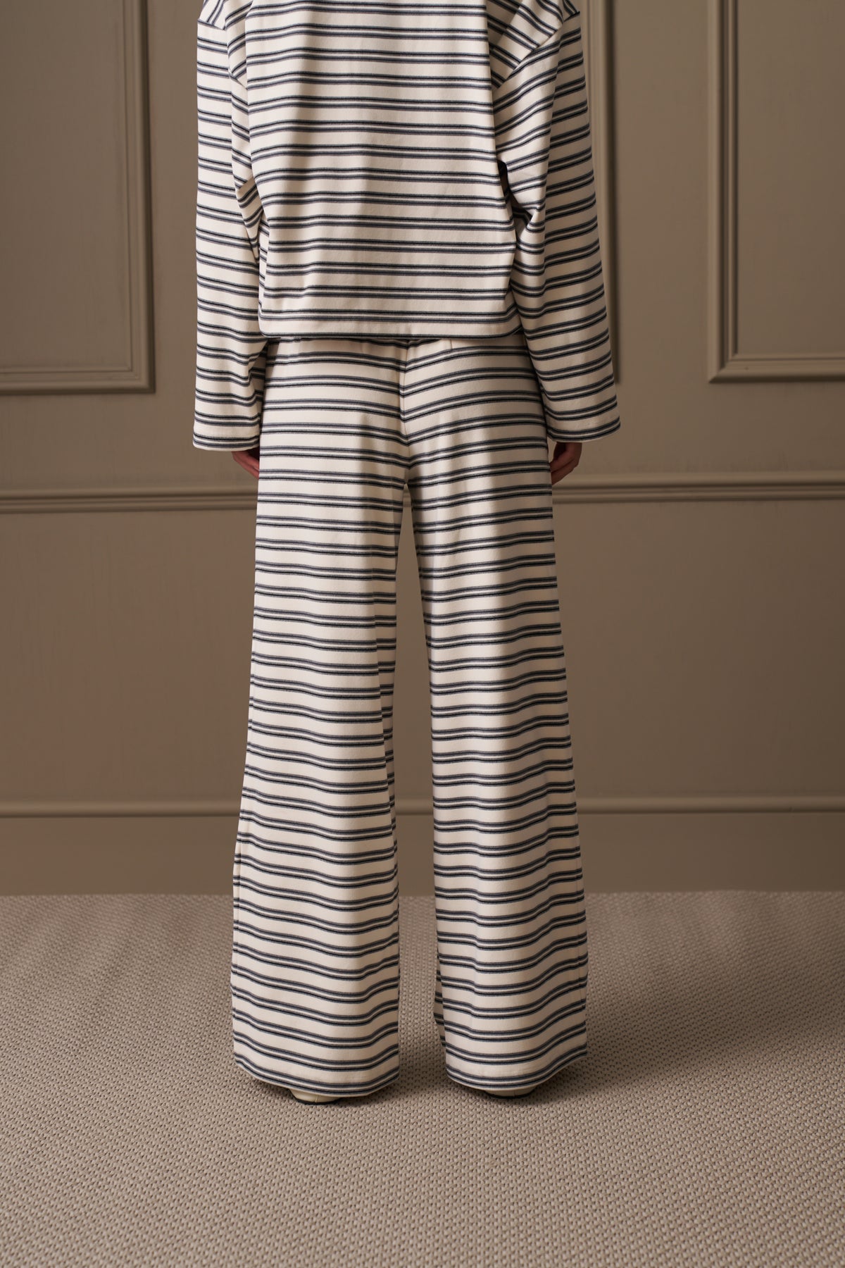 STRIPE FLEECE WIDE LEG TROUSERS - OFF WHITE