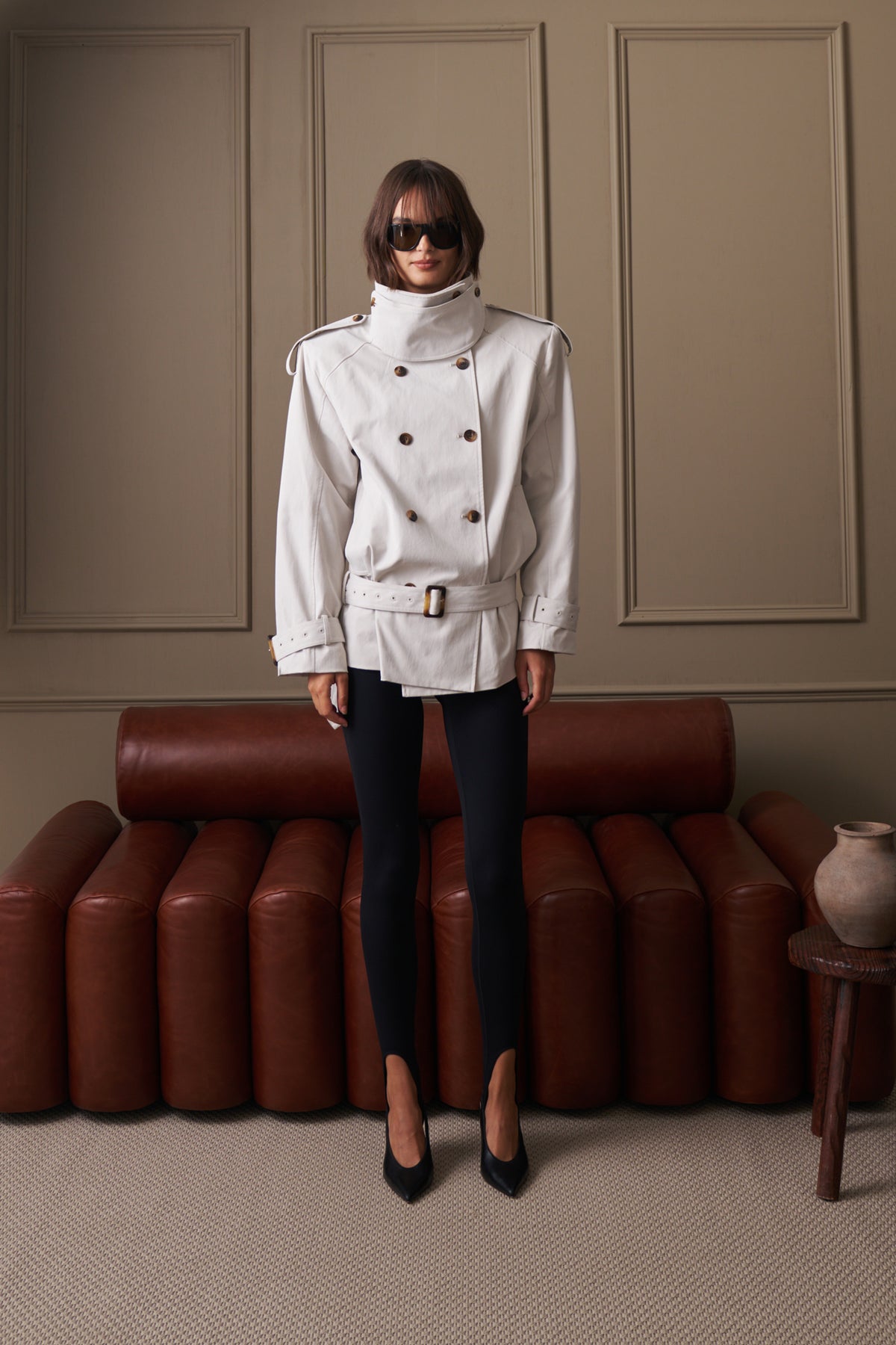 FUNNEL NECK SHOULDER PADDED TRENCH COAT - STONE