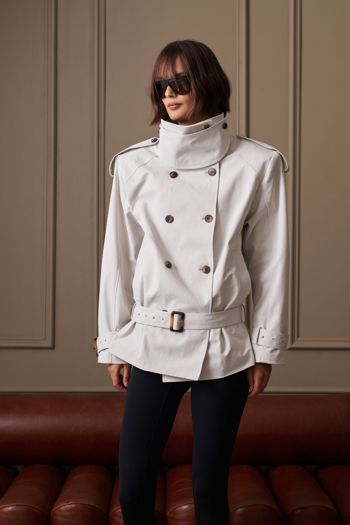 FUNNEL NECK SHOULDER PADDED TRENCH COAT - STONE