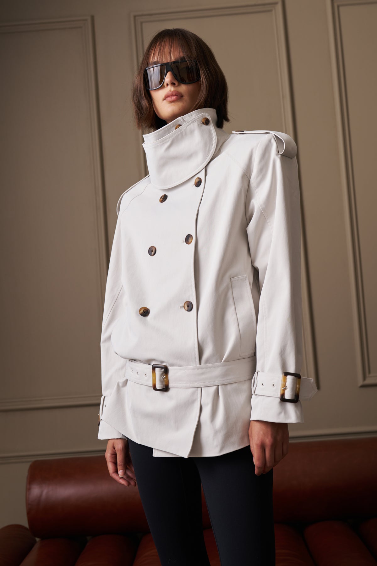 FUNNEL NECK SHOULDER PADDED TRENCH COAT - STONE