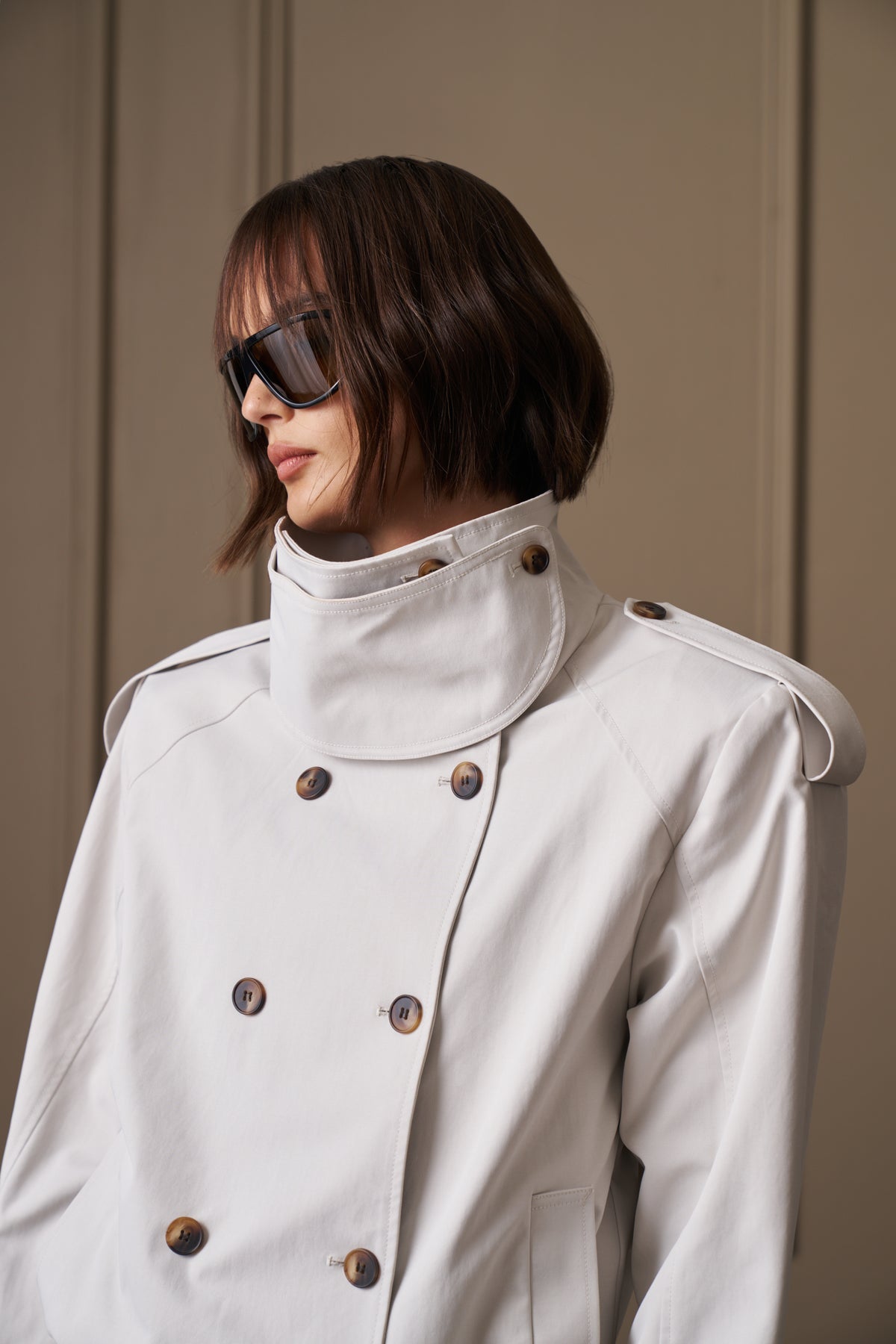 FUNNEL NECK SHOULDER PADDED TRENCH COAT - STONE