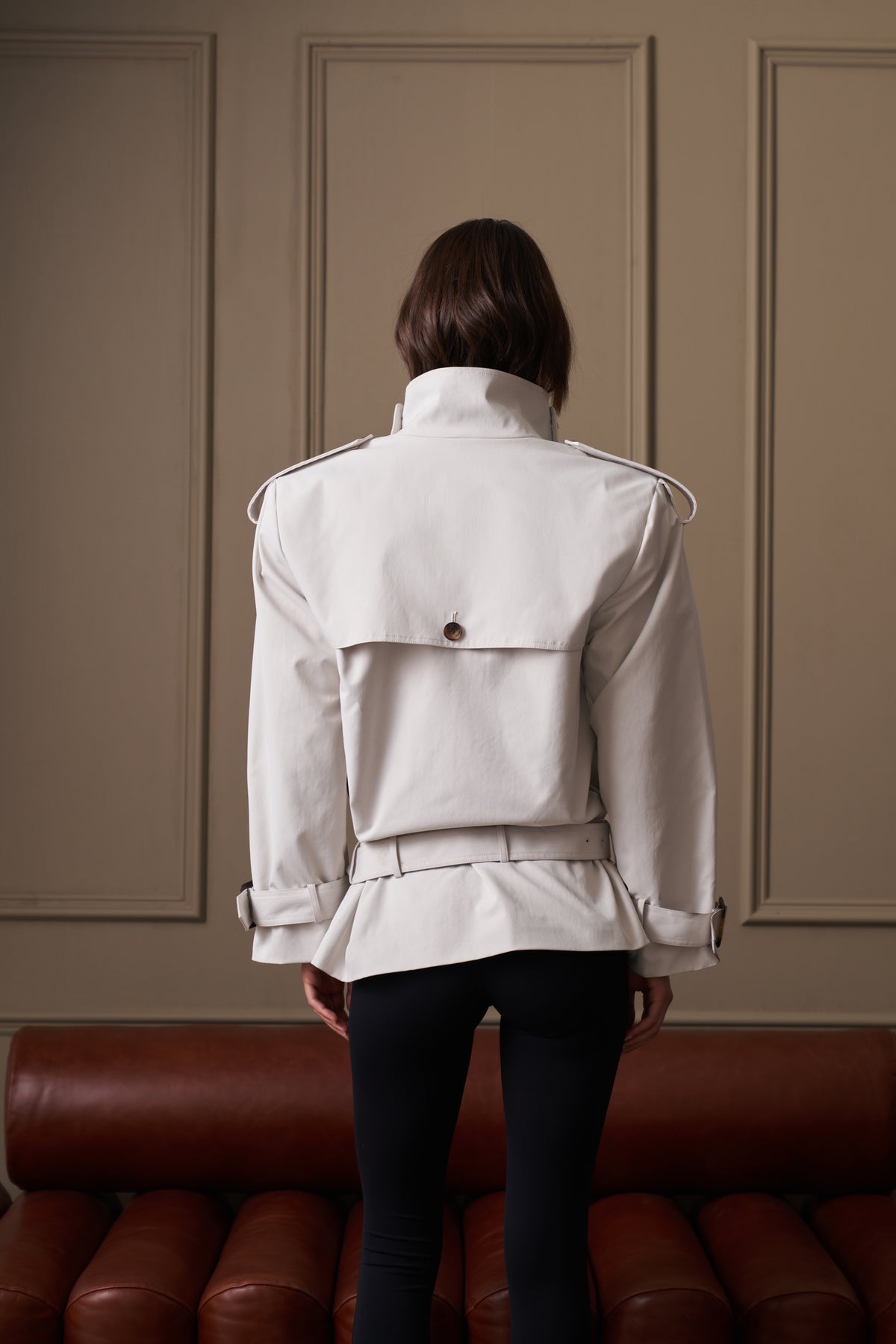 FUNNEL NECK SHOULDER PADDED TRENCH COAT - STONE