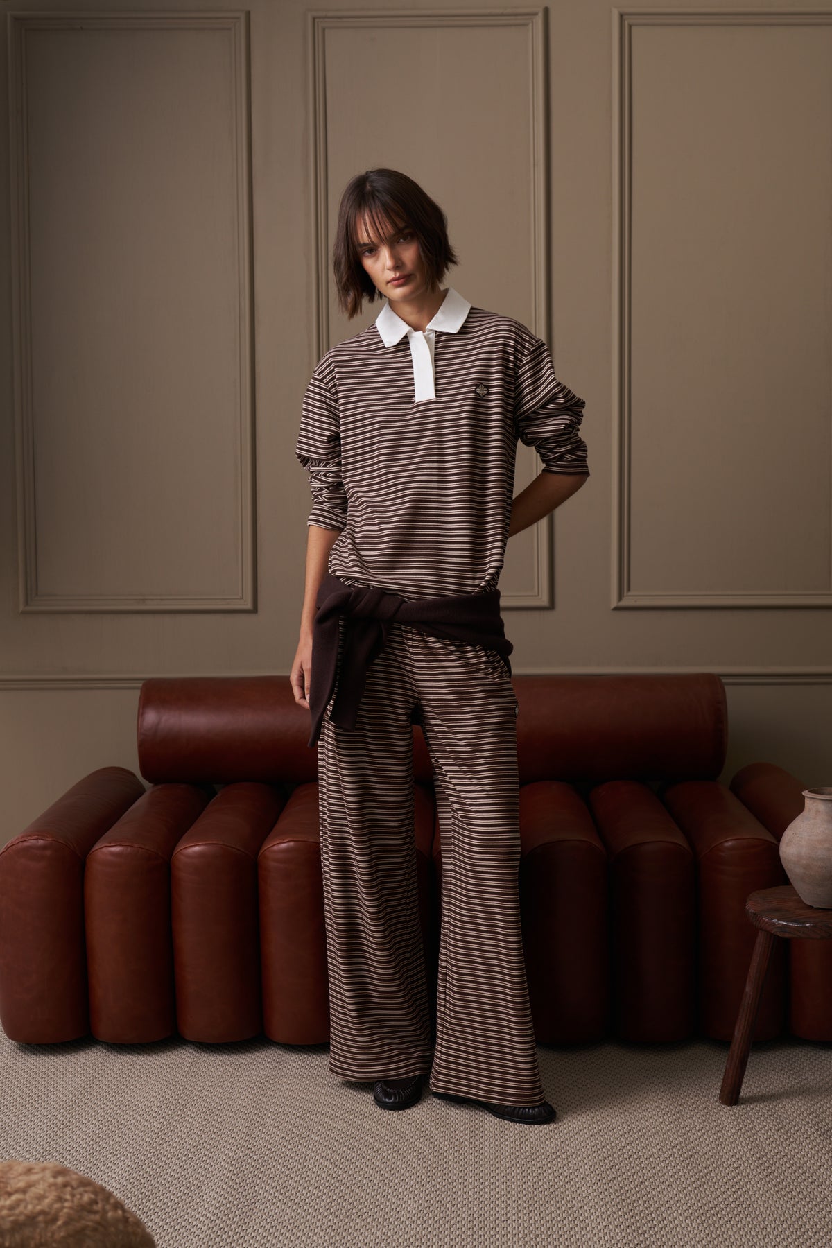 STRIPE LIGHTWEIGHT FLEECE POLO TOP - CHOCOLATE