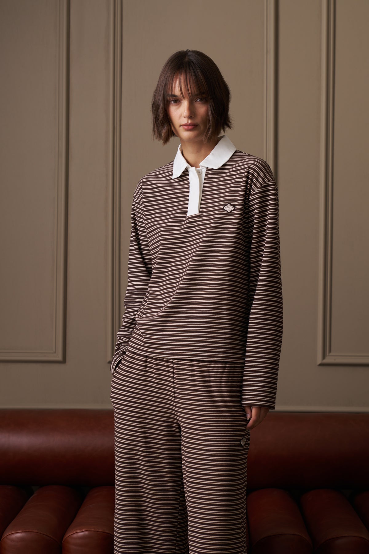 STRIPE LIGHTWEIGHT FLEECE POLO TOP - CHOCOLATE