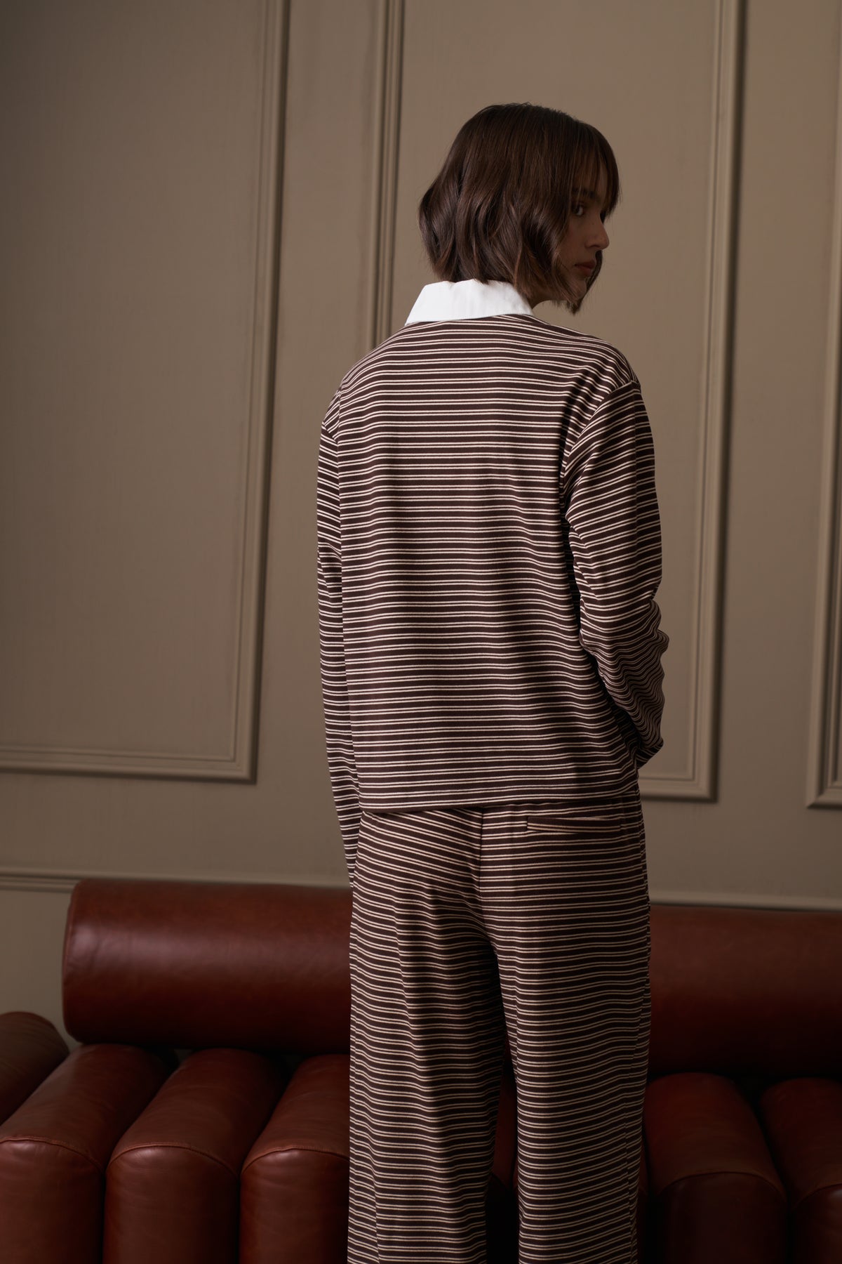 STRIPE LIGHTWEIGHT FLEECE POLO TOP - CHOCOLATE