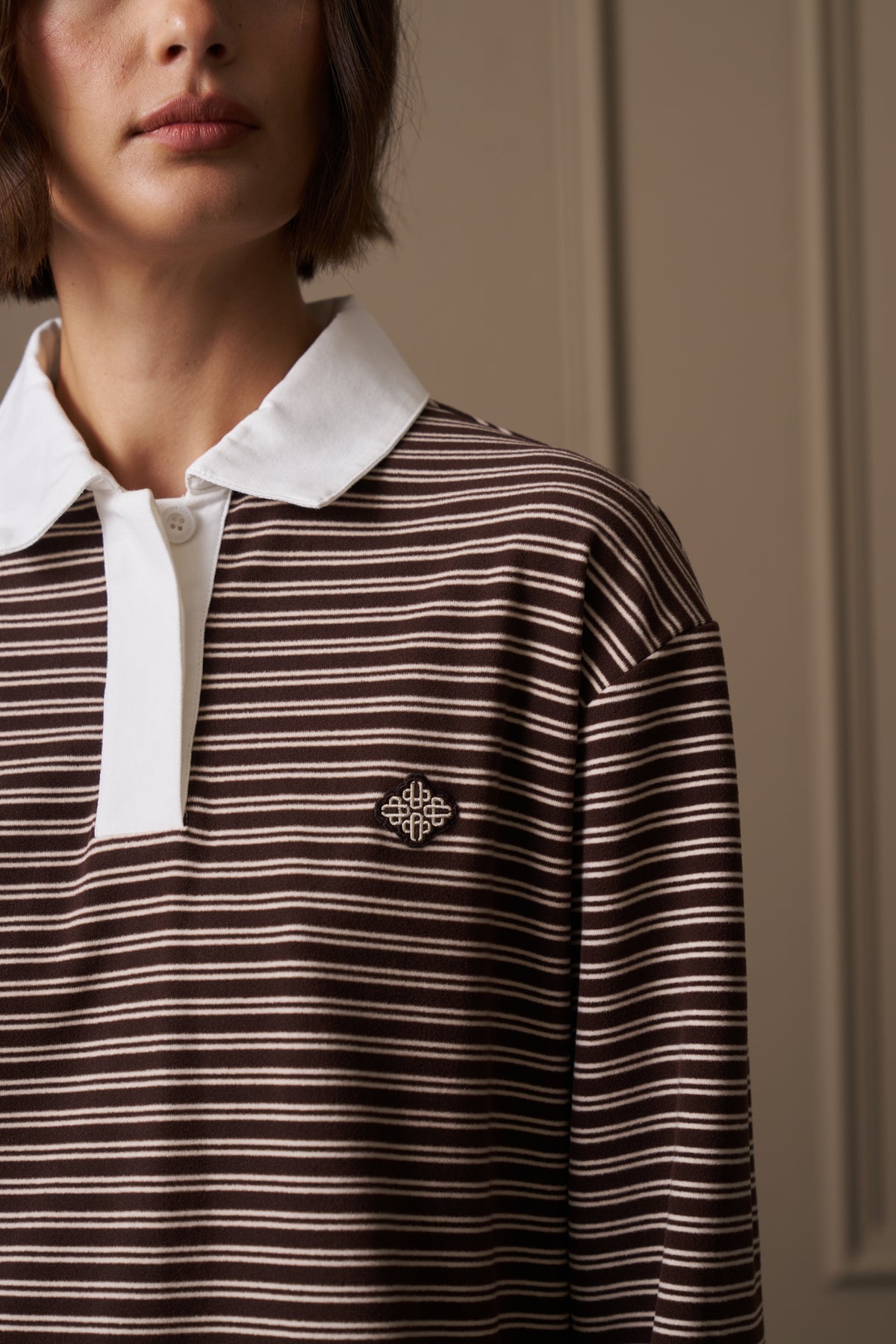 STRIPE LIGHTWEIGHT FLEECE POLO TOP - CHOCOLATE