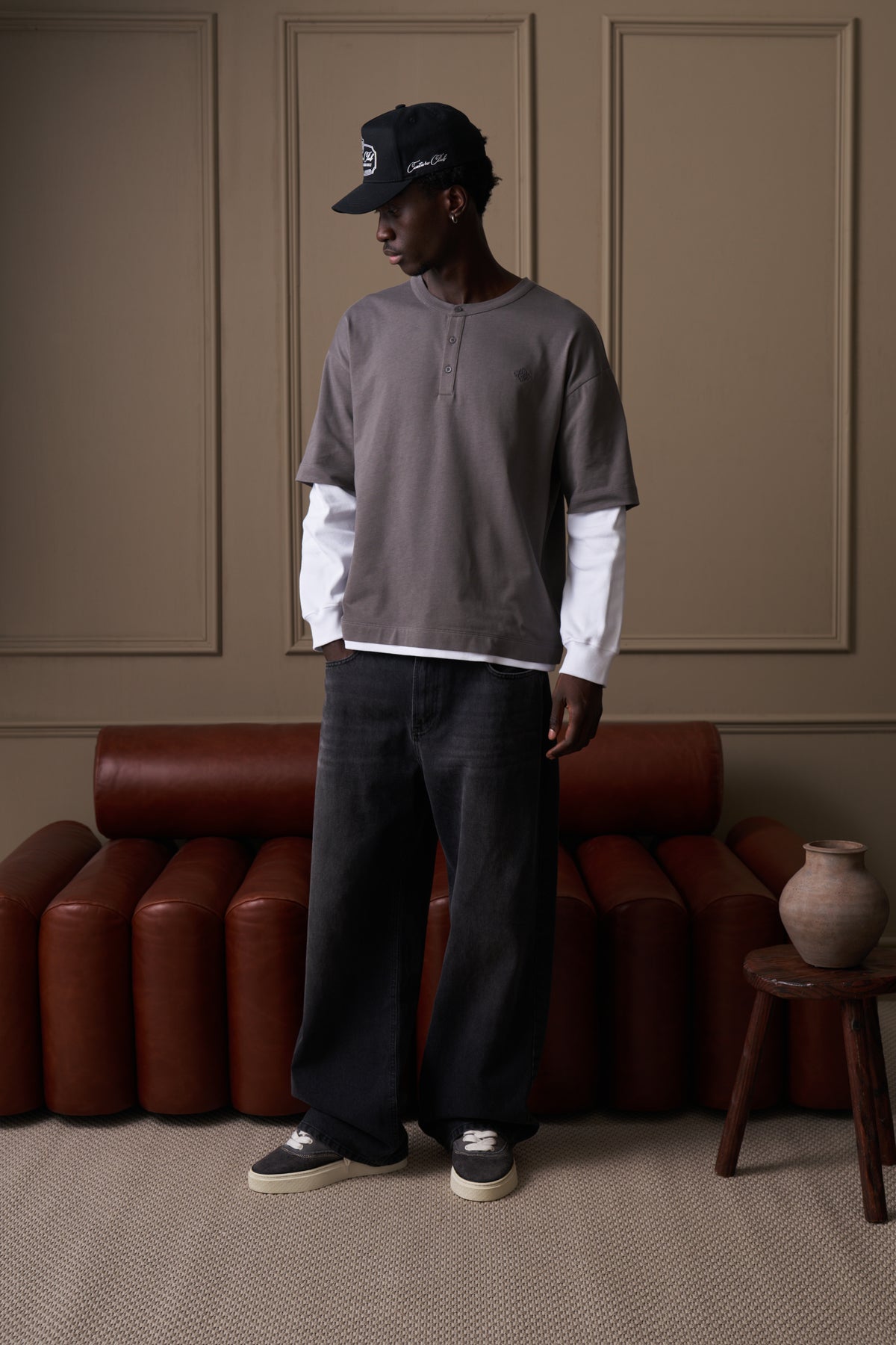 DOUBLE LAYER HENLEY LONG SLEEVE T-SHIRT - GREY