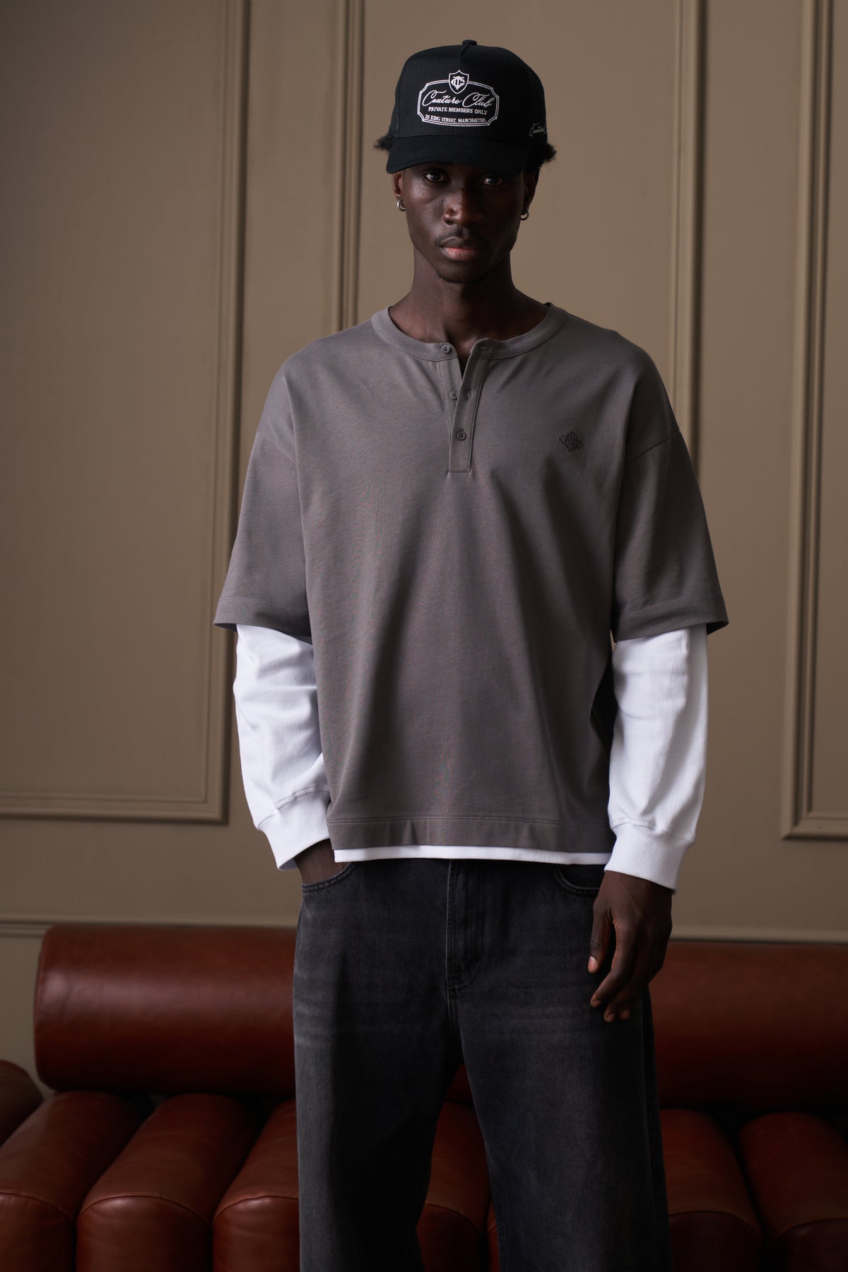 DOUBLE LAYER HENLEY LONG SLEEVE T-SHIRT - GREY