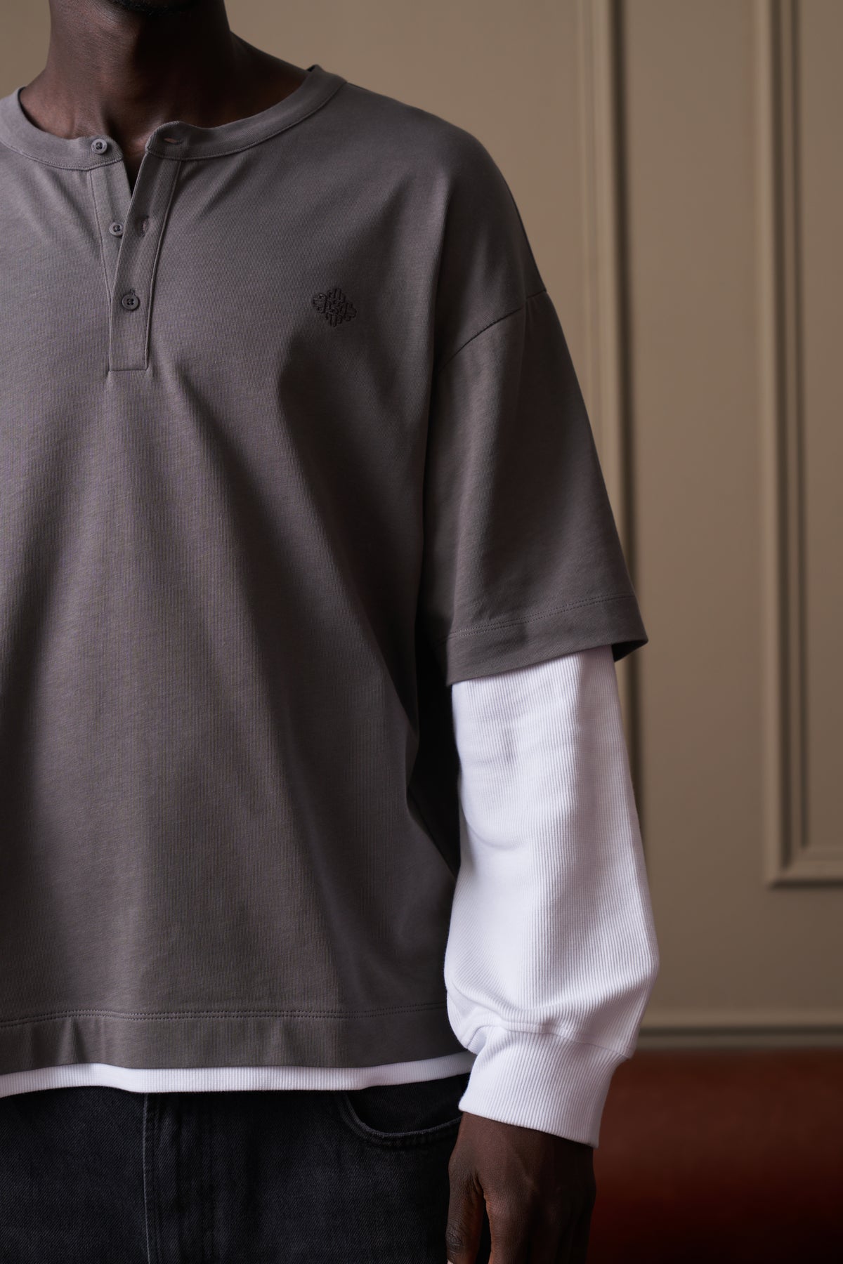 DOUBLE LAYER HENLEY LONG SLEEVE T-SHIRT - GREY