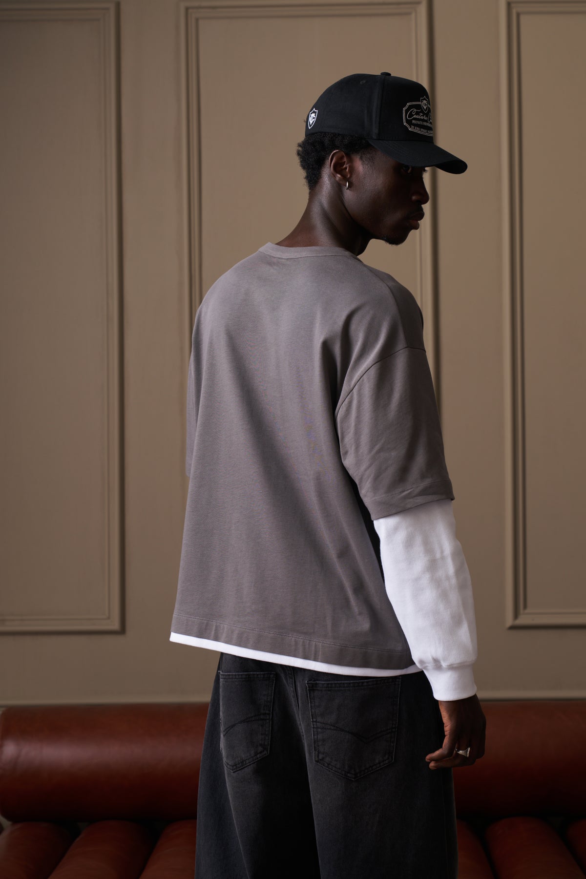 DOUBLE LAYER HENLEY LONG SLEEVE T-SHIRT - GREY