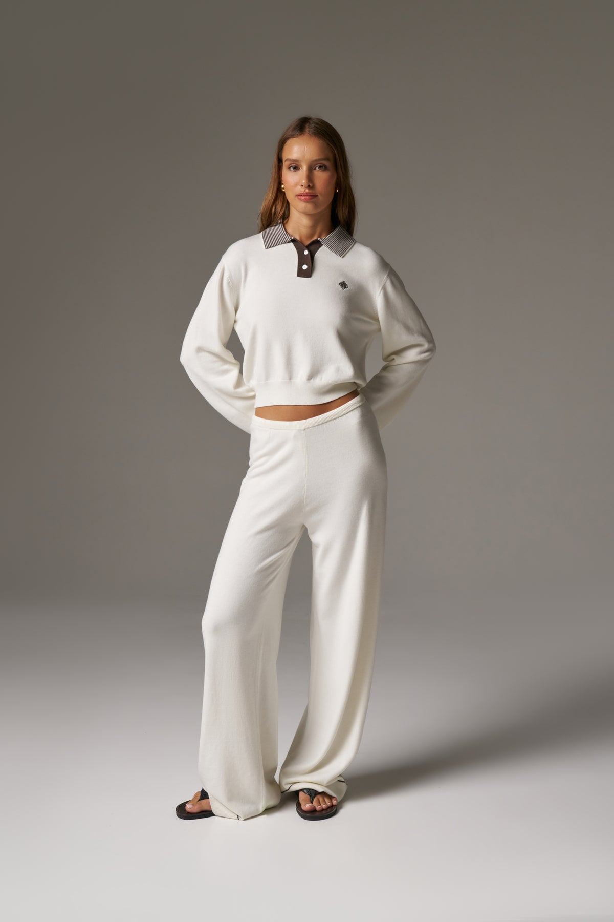 LONG SLEEVE KNITTED COLLAR POLO TOP - CREAM