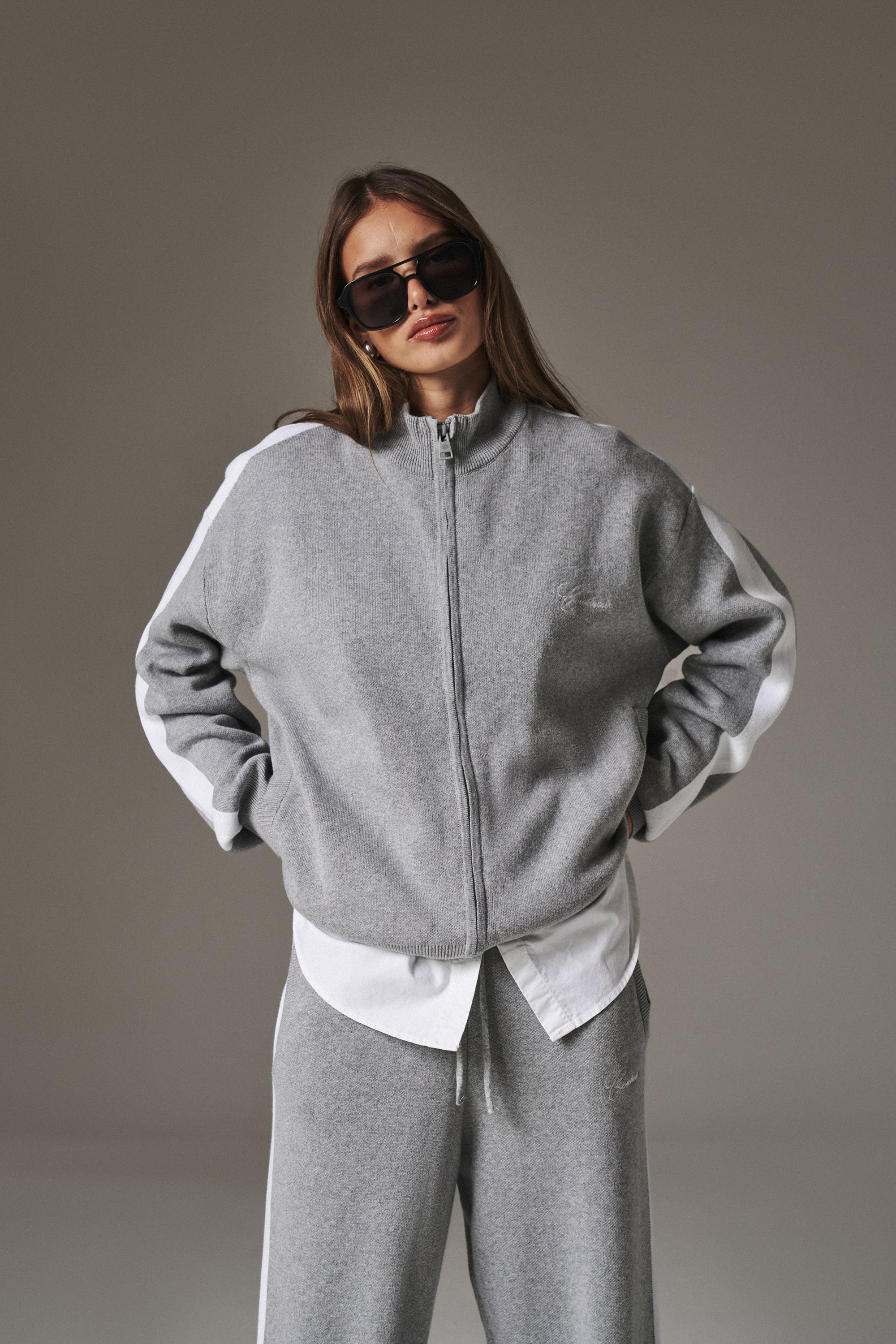 SIDE STRIPE KNITTED TRACK JACKET - GREY MARL
