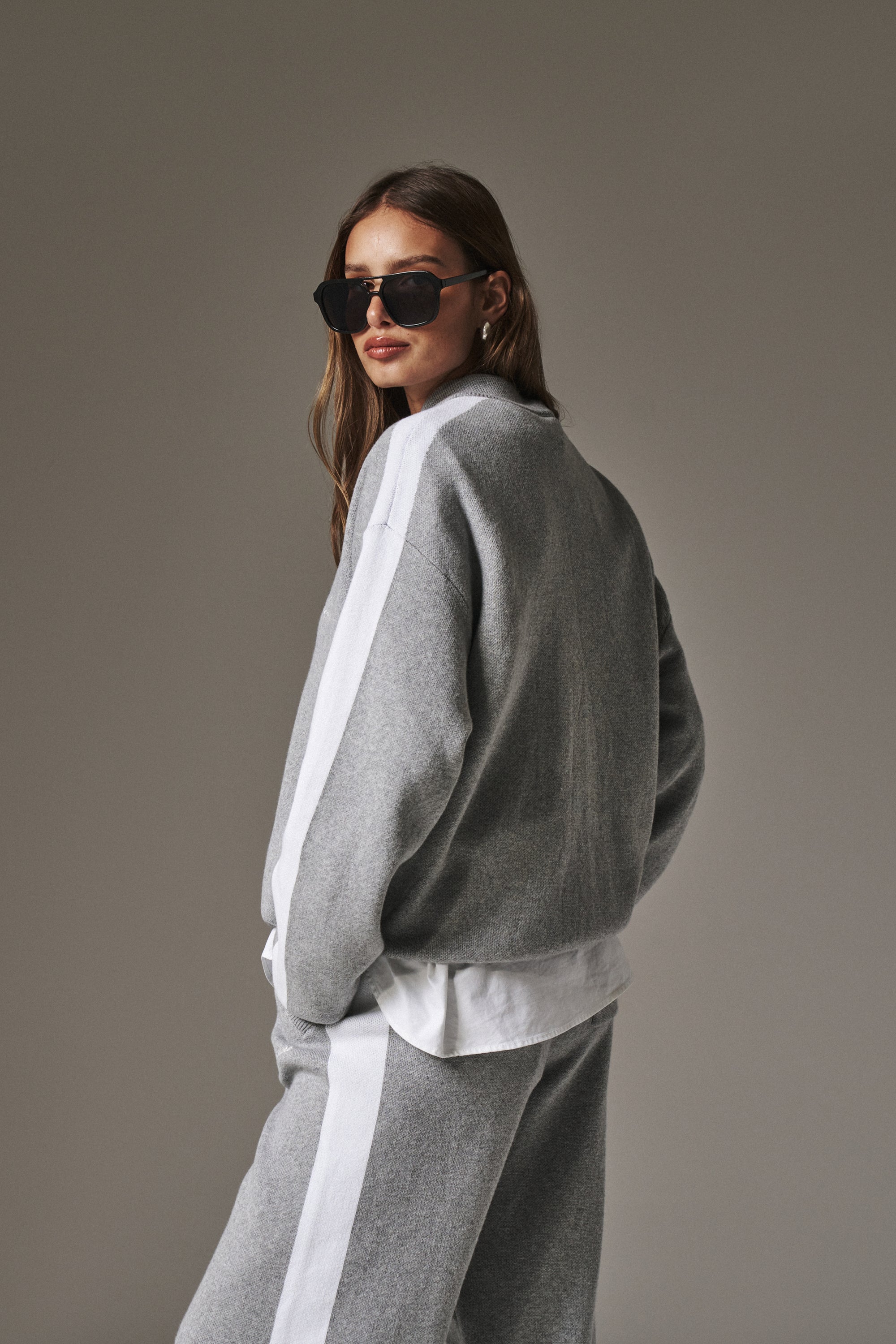 SIDE STRIPE KNITTED TRACK JACKET - GREY MARL