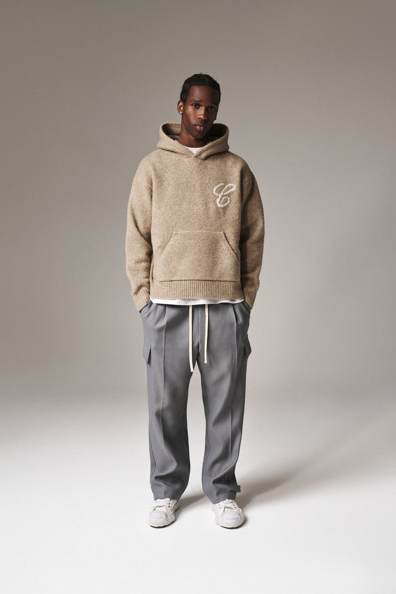 SCRIPT LOGO GRAPHIC KNITTED HOODIE - BEIGE – The Couture Club