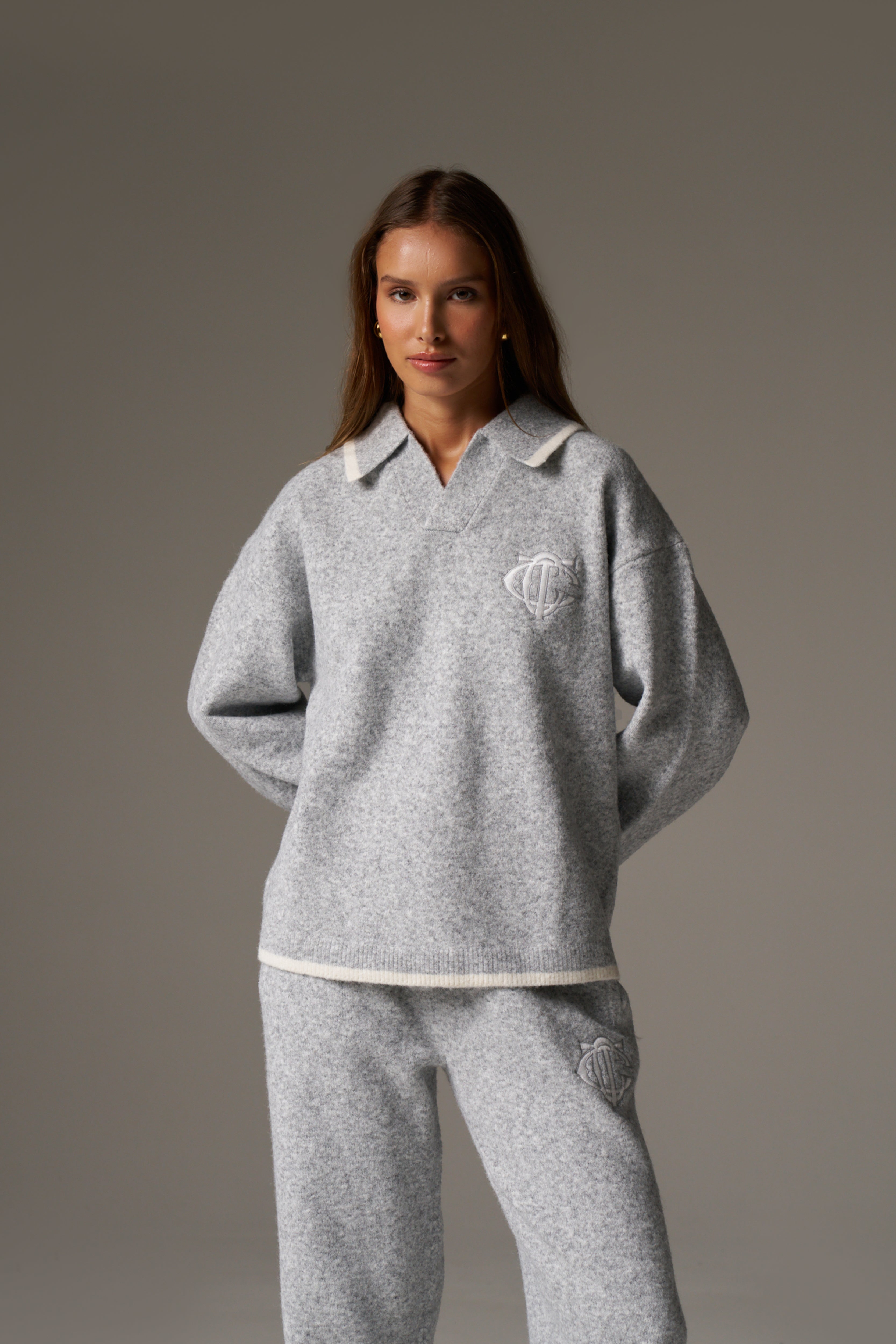 MONOGRAM KNITTED POLO TOP - GREY