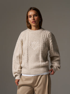 CABLE KNIT EMBROIDERED EMBLEM JUMPER - OAT