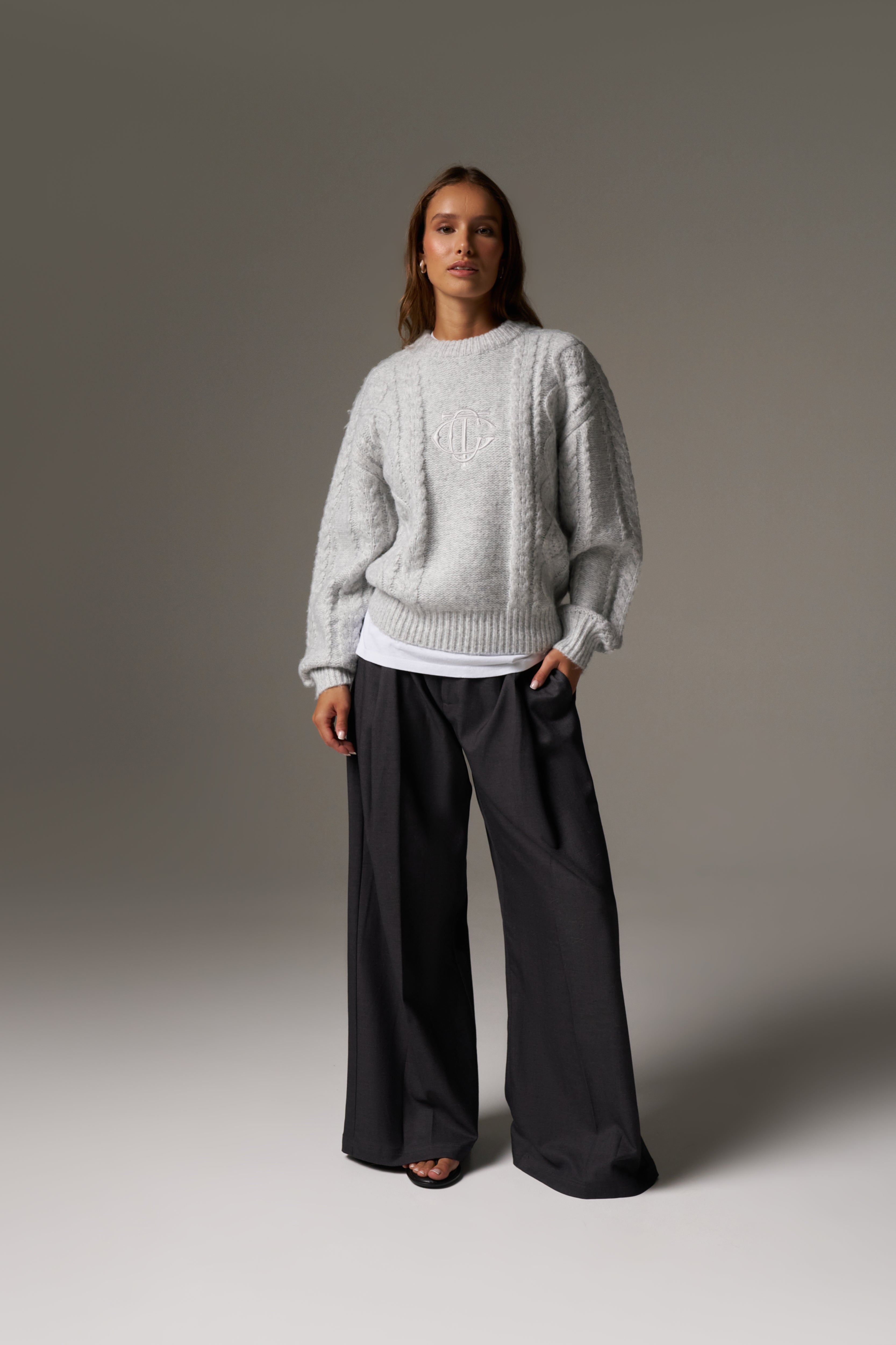 CABLE KNIT EMBROIDERED EMBLEM JUMPER - GREY MARL
