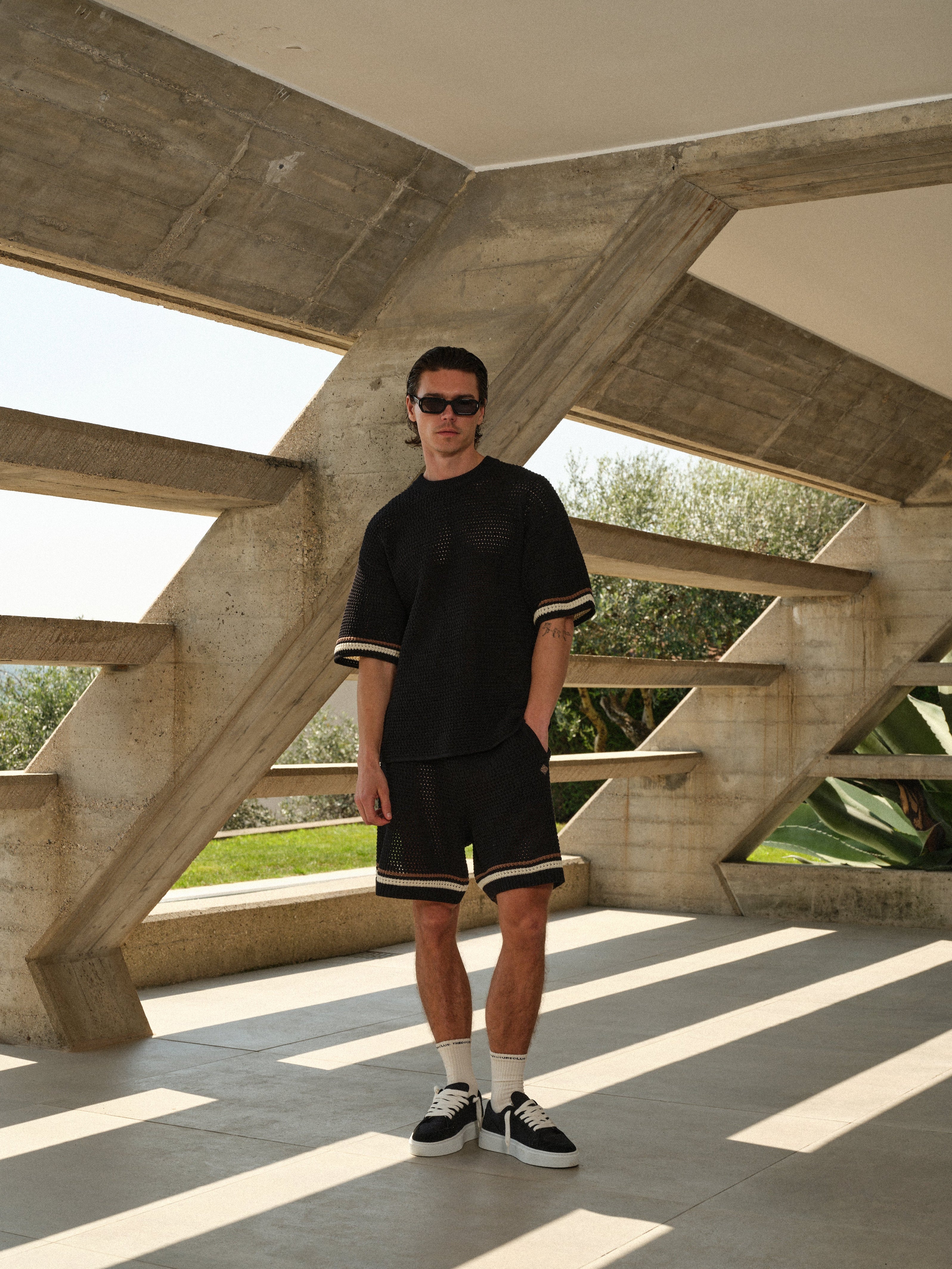 CROCHET KNITTED STRIPE SHORTS - BLACK
