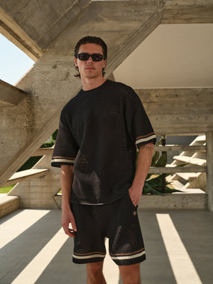 CROCHET KNITTED STRIPE T-SHIRT - BLACK