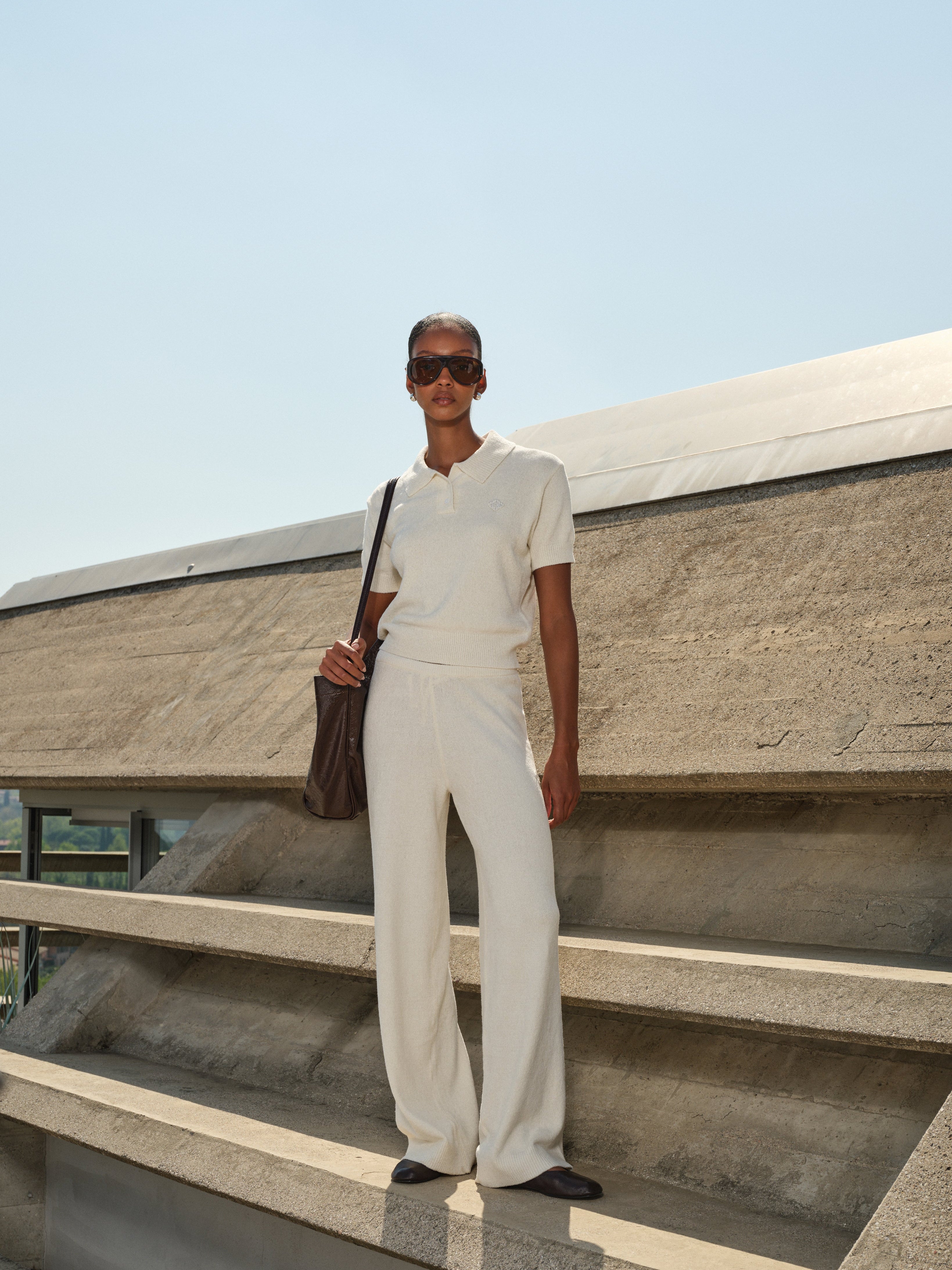 TOWELLING OPEN COLLAR T-SHIRT - WHITE
