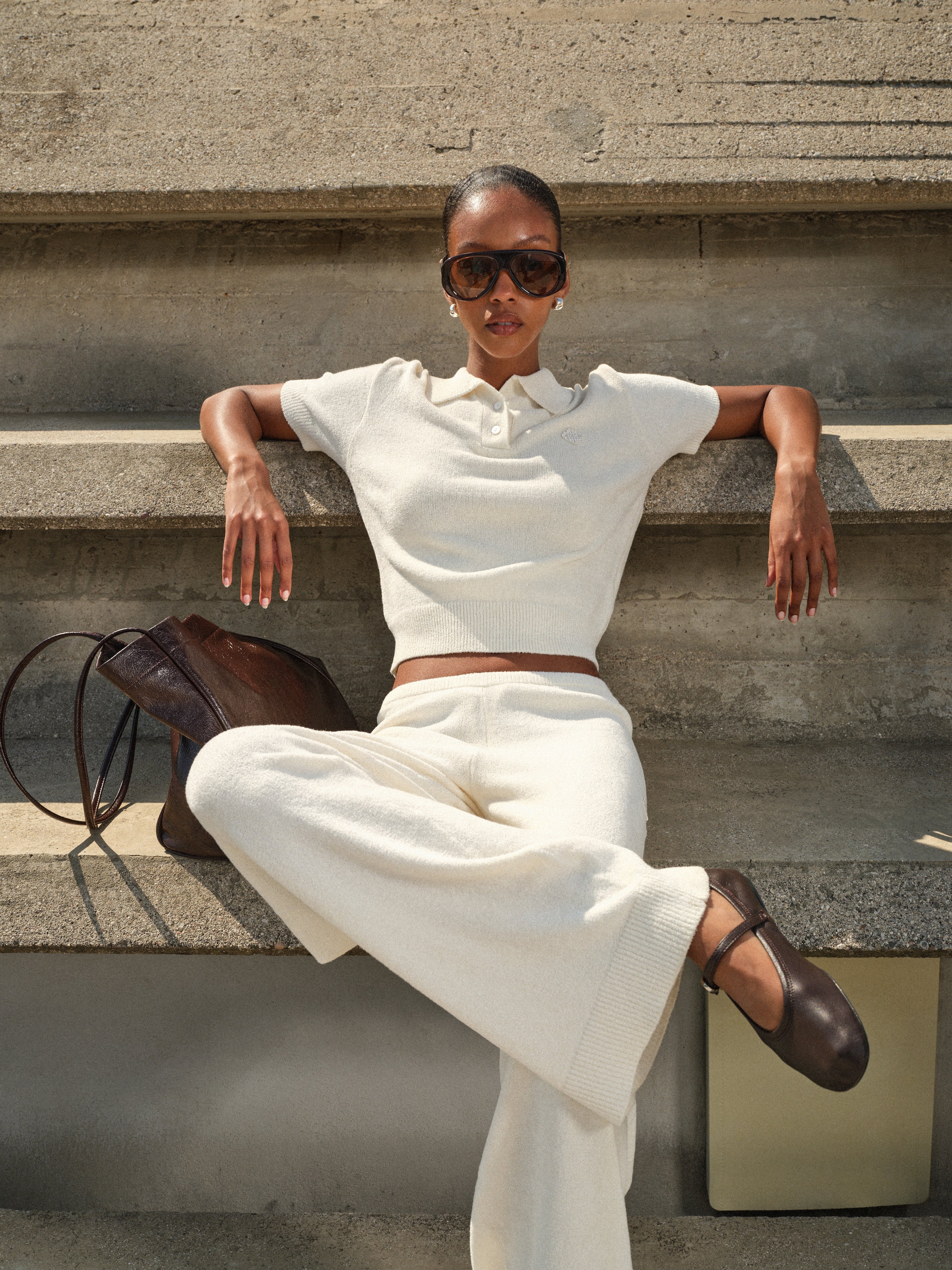 TOWELLING OPEN COLLAR T-SHIRT - WHITE