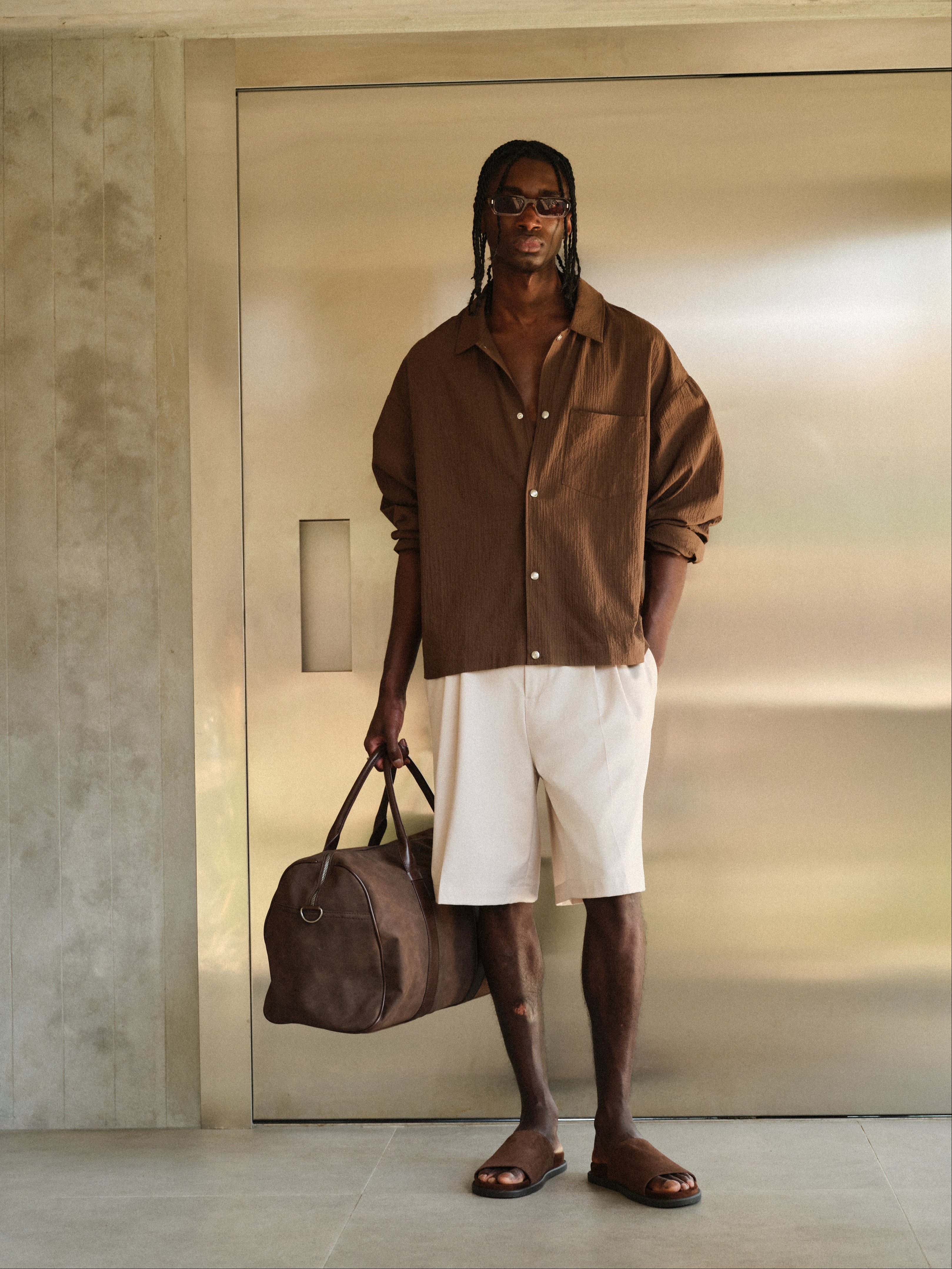 TEXTURED LONG SLEEVE SHIRT - BROWN