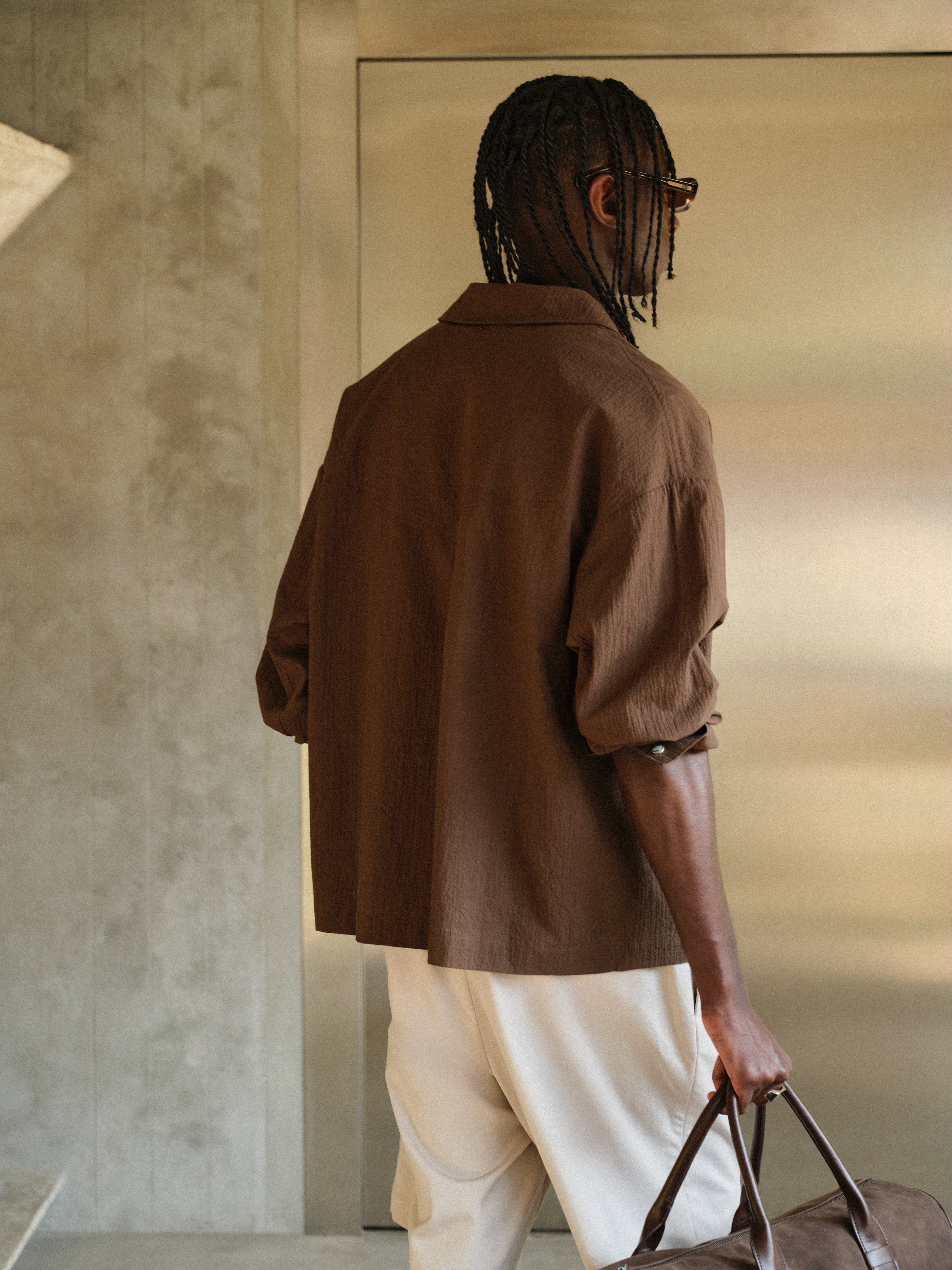 TEXTURED LONG SLEEVE SHIRT - BROWN