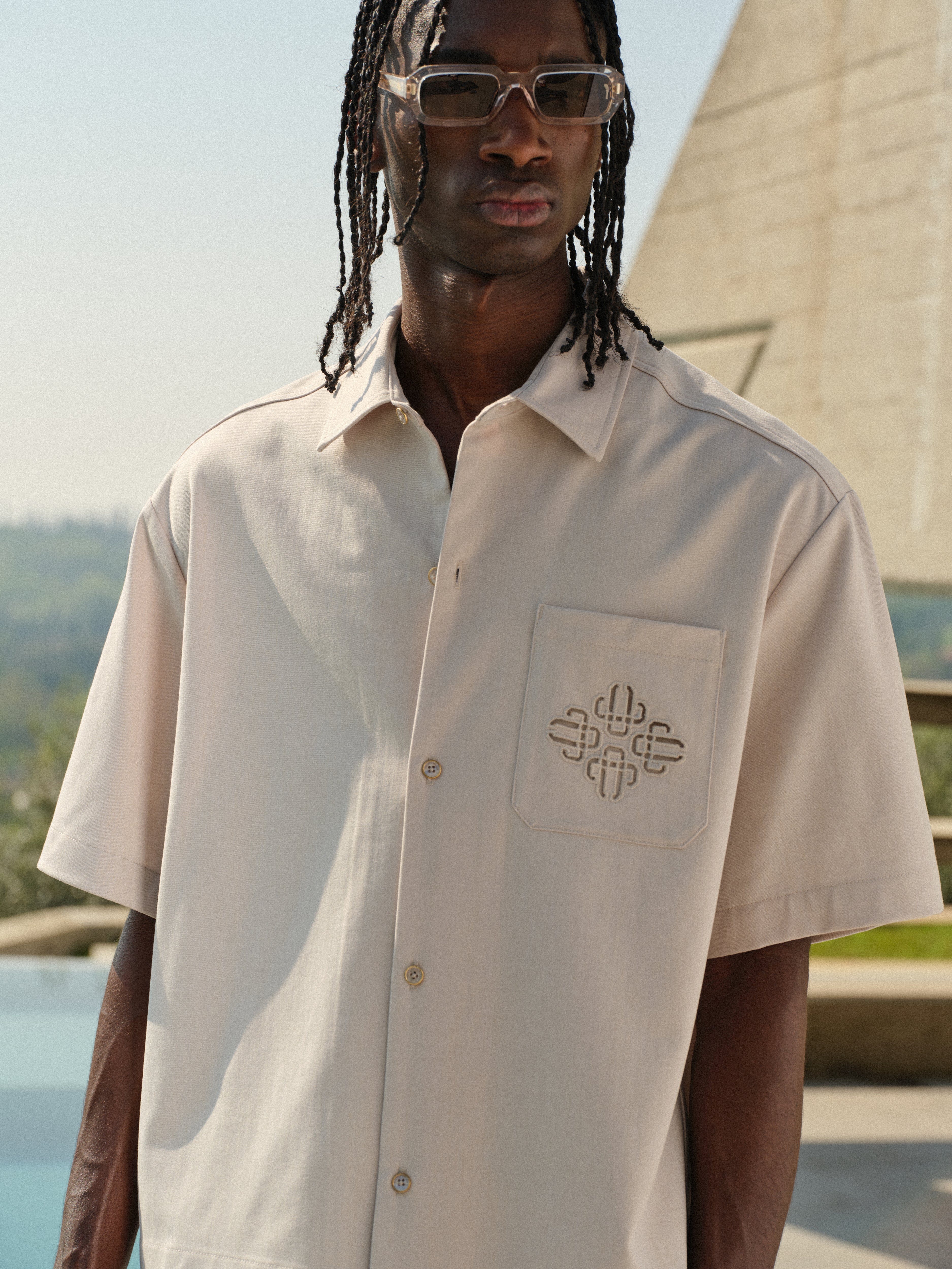 LASER CUT EMBLEM SHIRT - STONE