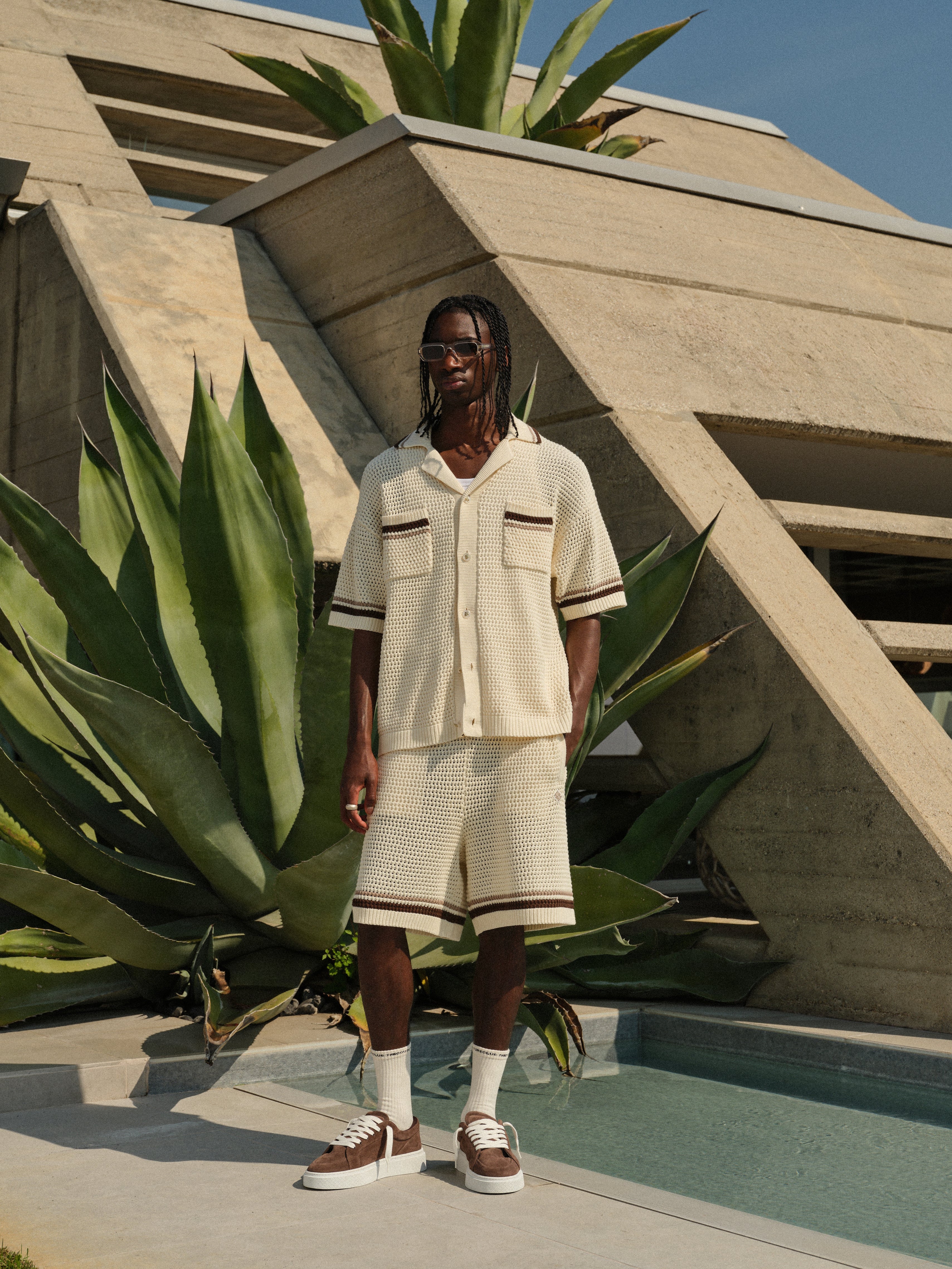 CROCHET KNITTED STRIPE BUTTON THROUGH SHIRT - OFF WHITE