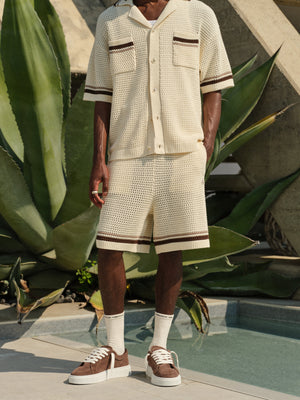 CROCHET KNITTED STRIPE SHORTS - OFF WHITE